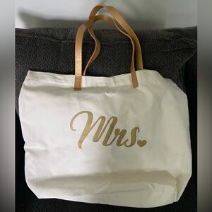 Embroidered Mrs. Beach Tote Bag Gold Letters & Handles White Bag